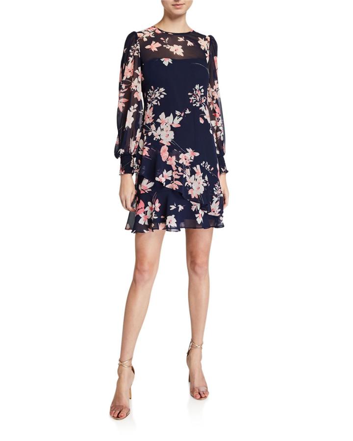 Long-sleeve Floral-print Flounce Dress