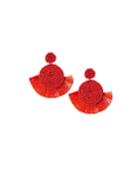 Circular Seed Bead & Fringe Earrings, Red