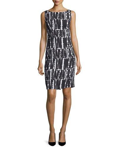 Linear Geometric-print Sheath Dress, White