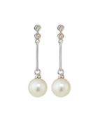 14k White Gold Pearl & Diamond Bezel Dangle Earrings,