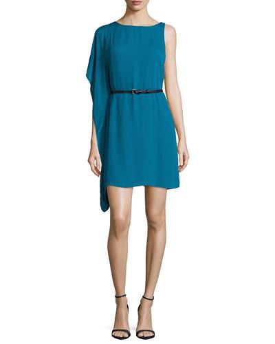 Bateau-neck Flutter-sleeve Belted Dress, Atlantic