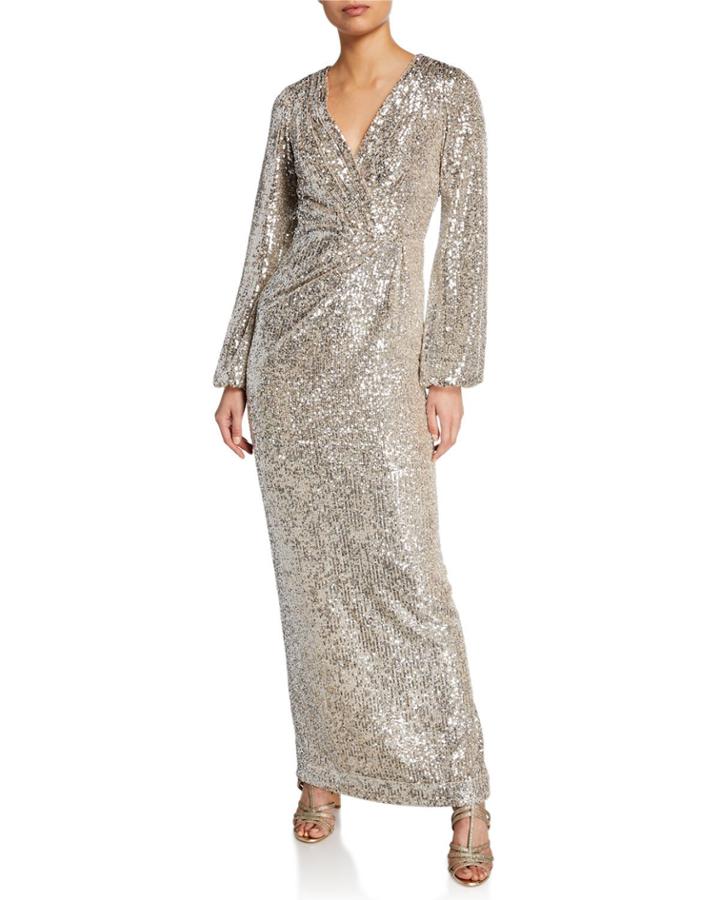 Long-sleeve Sequined V-neck Gown