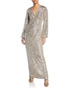 Long-sleeve Sequined V-neck Gown
