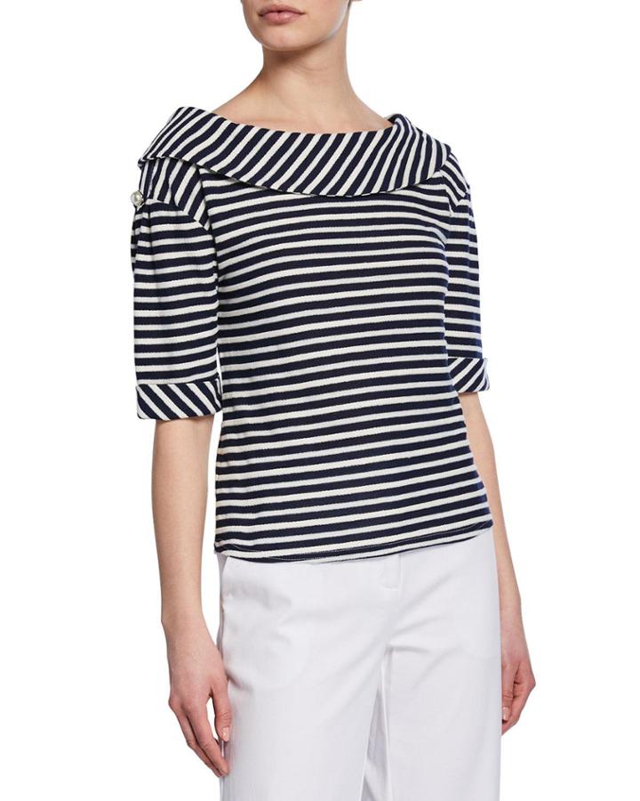 Striped Boat-neck Elbow-sleeve Popover Top