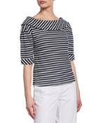 Striped Boat-neck Elbow-sleeve Popover Top