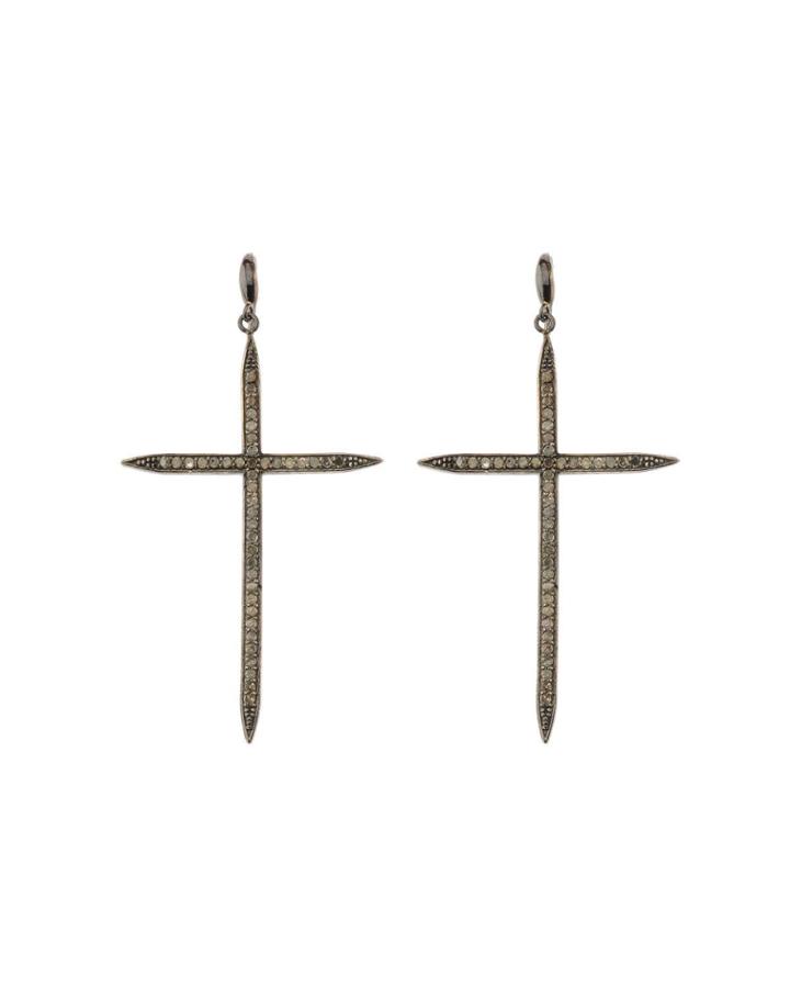Black Silver Cross Earrings With Champagne Diamonds