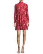 Zandra Mock-neck Long-sleeve Crepe De Chine Lipstick-print Dress