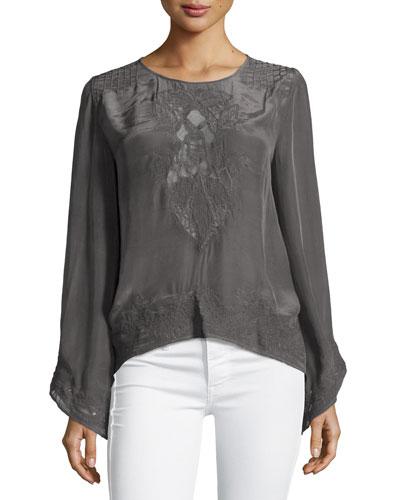 Long-sleeve Jewel-neck Top W/lace Insets