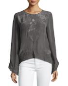 Long-sleeve Jewel-neck Top W/lace Insets