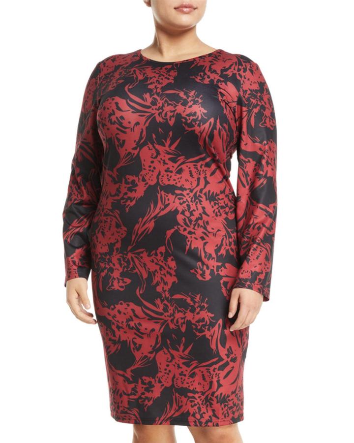 Abstract-floral Long-sleeve Midi Dress,