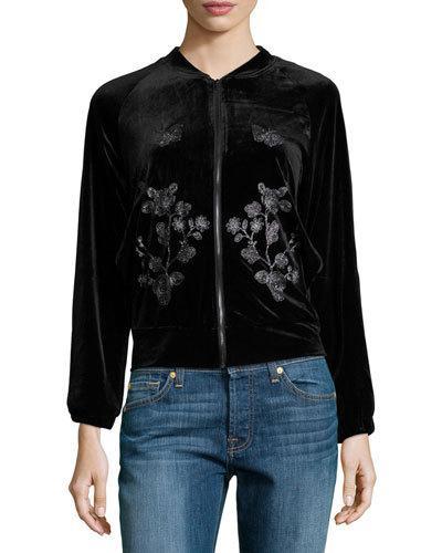 Embroidered-detail Velvet Bomber Jacket, Black