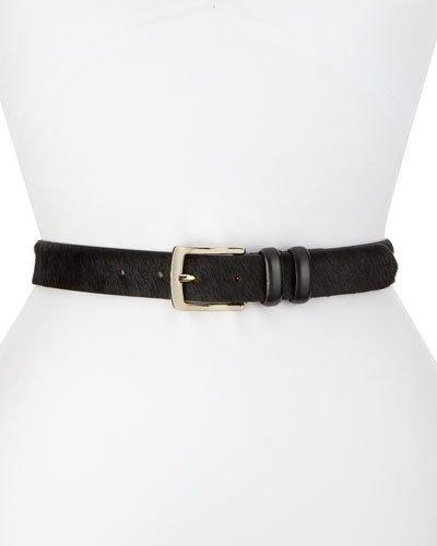 Golden-buckled Textured Leather Belt, Black
