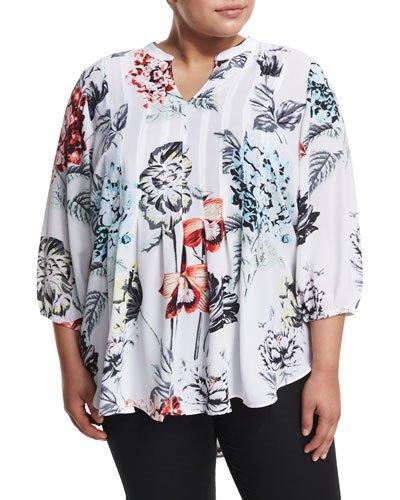 3/4-sleeve Pintucked Floral-print Top,