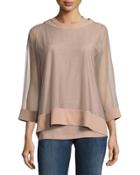 3/4-sleeve Mesh-overlay Blouse,