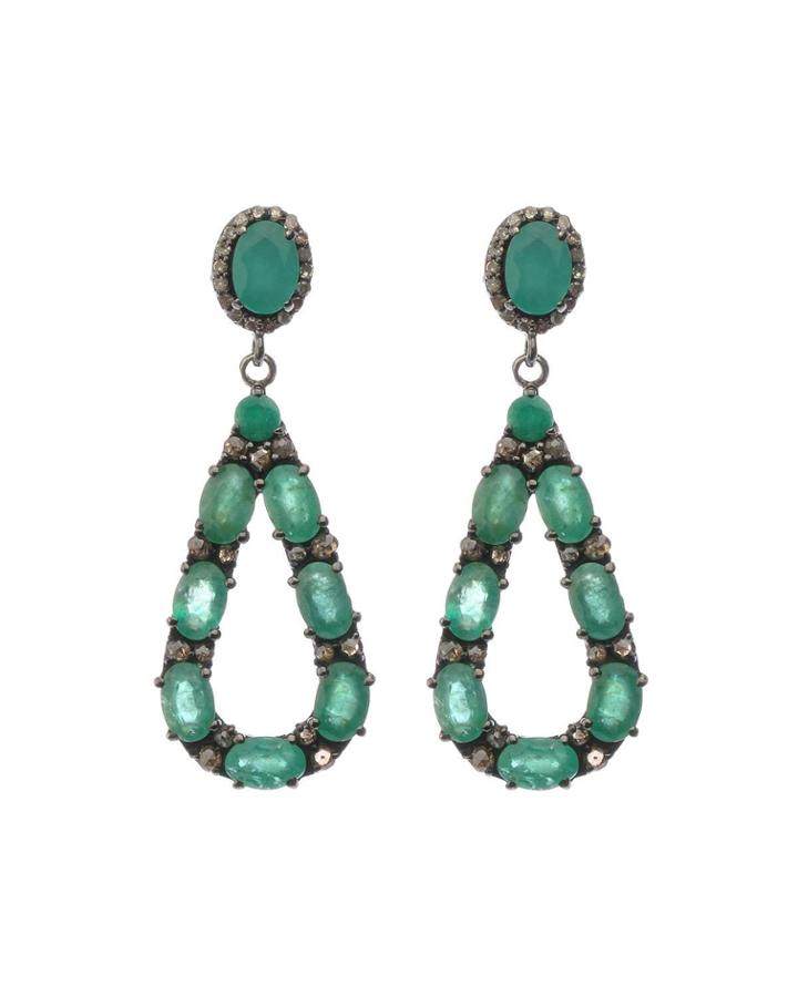 Silver Open Teardrop Earrings With Green Emerald & Diamonds