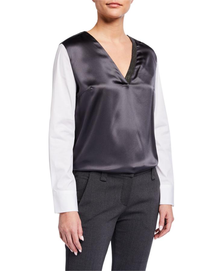 Monili-beaded Satin Combo Top, Charcoal