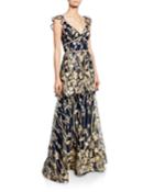 V-neck Sleeveless Tiered Floral-embroidered Gown W/ Metallic