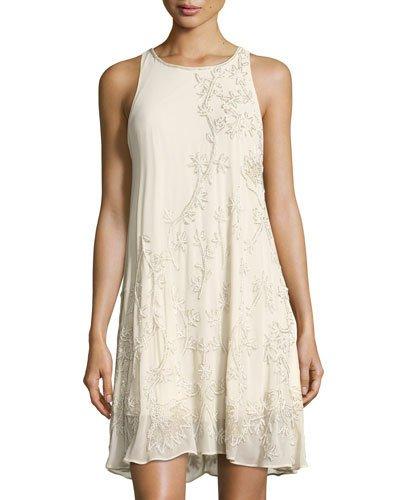 Beaded Sleeveless Swing Dress, Ivory