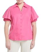 Rosette-sleeve Button-front Blouse,