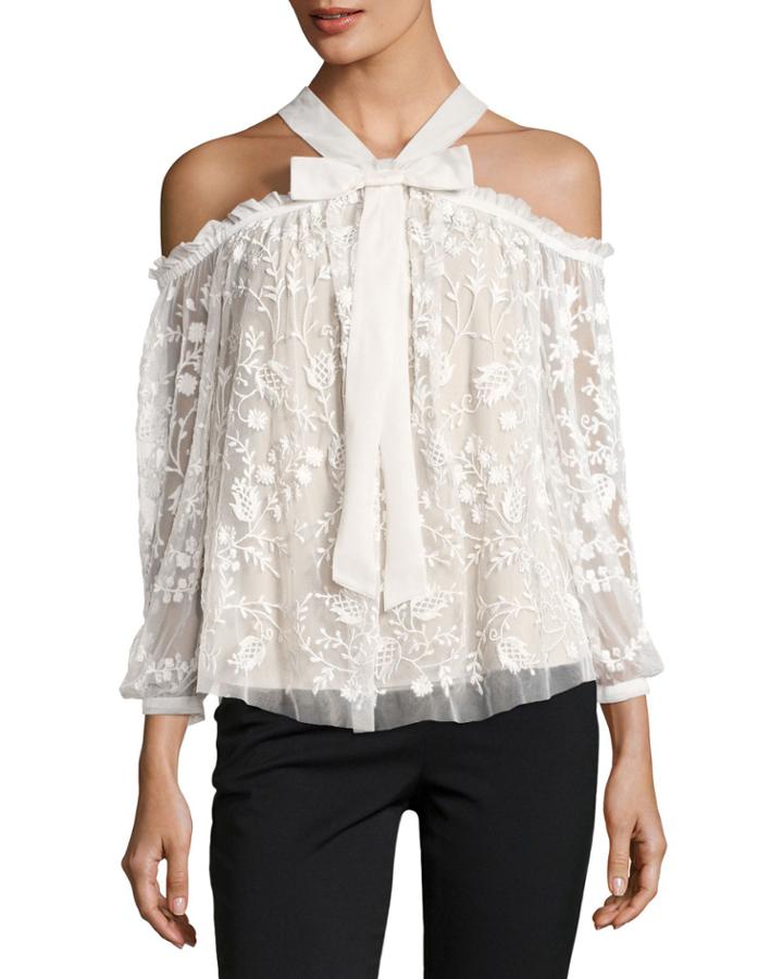 Primrose Cold-shoulder Floral Tulle Top, White