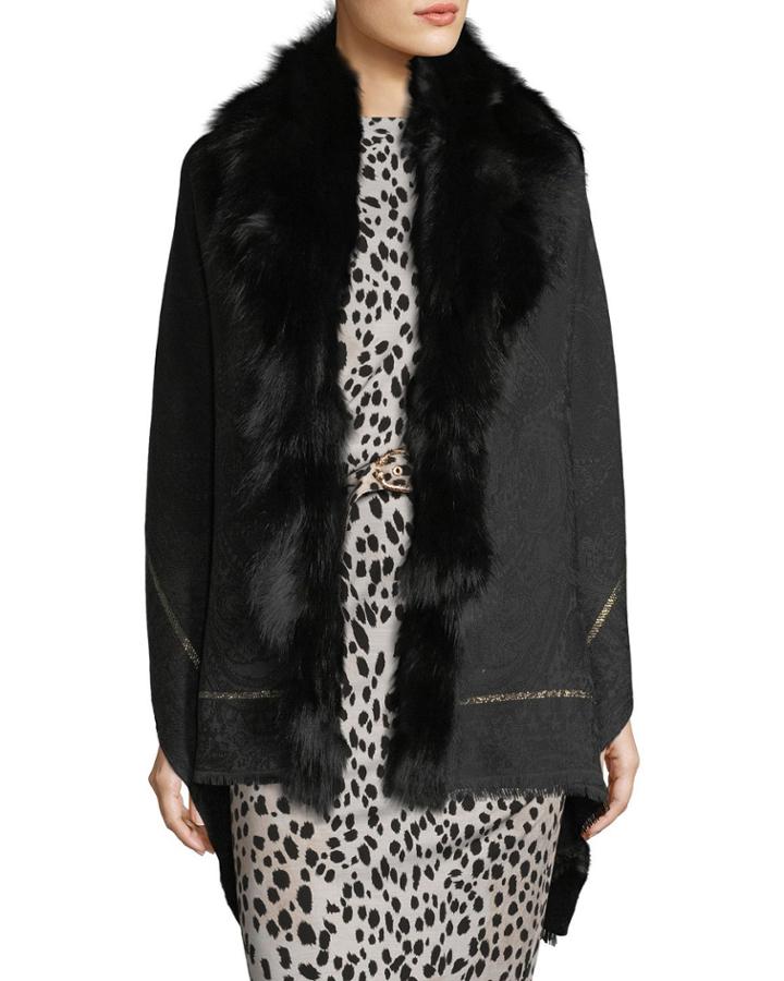Woven Jacquard Shawl W/ Fur Trim