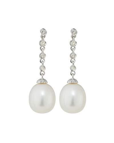 14k White Gold Diamond & Freshwater Pearl Dangle Earrings