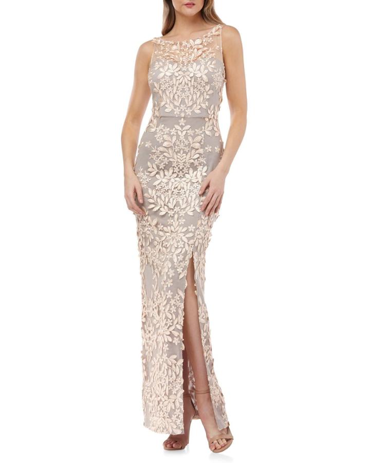Leaf-applique Lace Illusion Column Gown