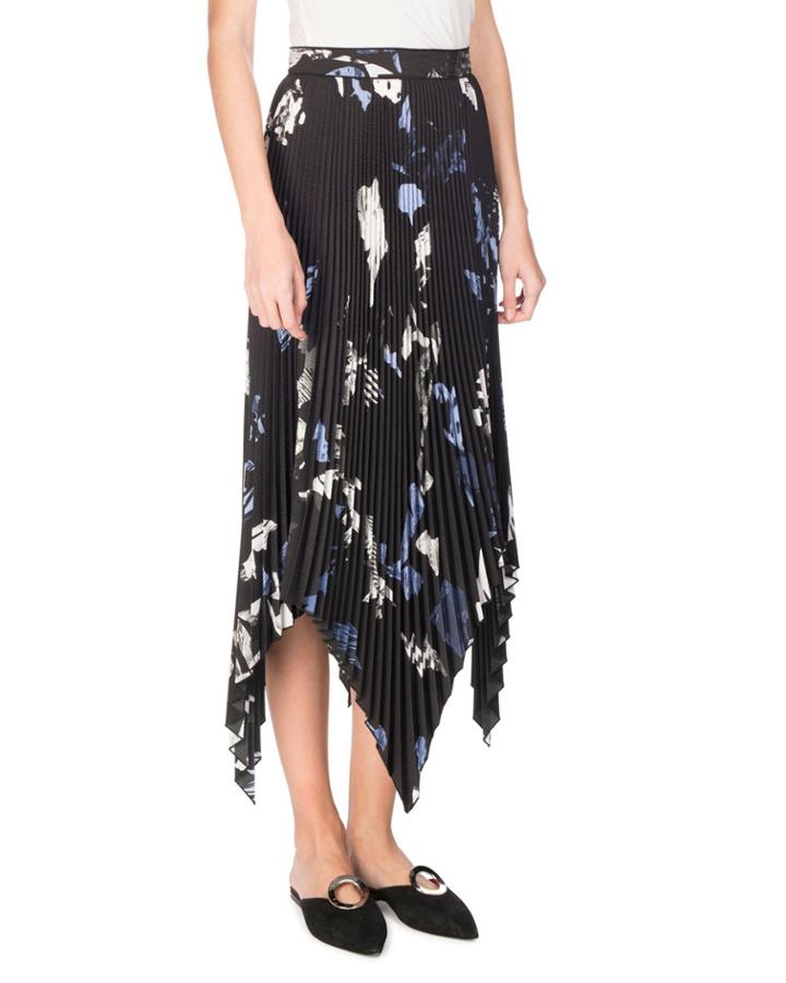 Collage Pleated Handkerchief-hem Midi Skirt, Black/pale Blue/white