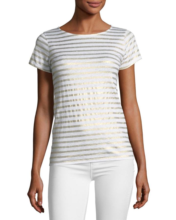 Linen Metallic Striped Short-sleeve Button-back Tee