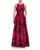 Crewneck Sleeveless Brocade A-line Gown With Pockets