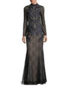 Coco Mock-neck Long-sleeve Illusion Lace Evening Gown