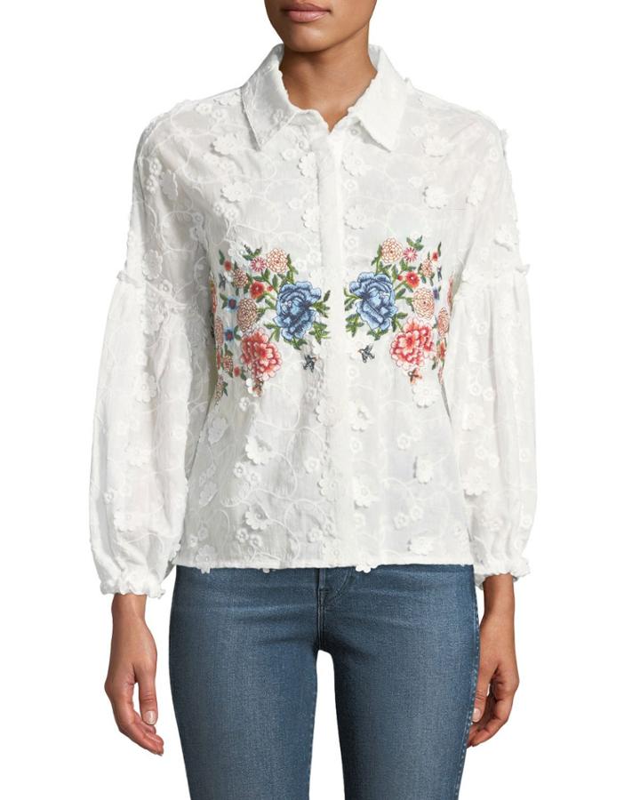 Embroidered Eyelet-lace Button-front Blouse