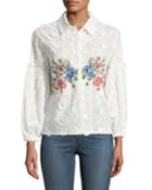 Embroidered Eyelet-lace Button-front Blouse