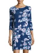 Floral-print Jersey Shift Dress, Navy