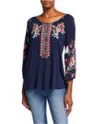 Sheera Embroidered 3/4-sleeve Challis Blouse W/ Floral Printed Back