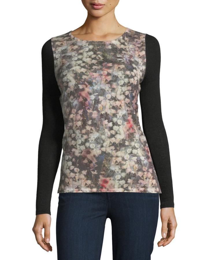 Romantic Floral Sheer-sleeve Cashmere Top