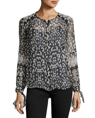 Leopard-print Long-sleeve Blouse, Black/white