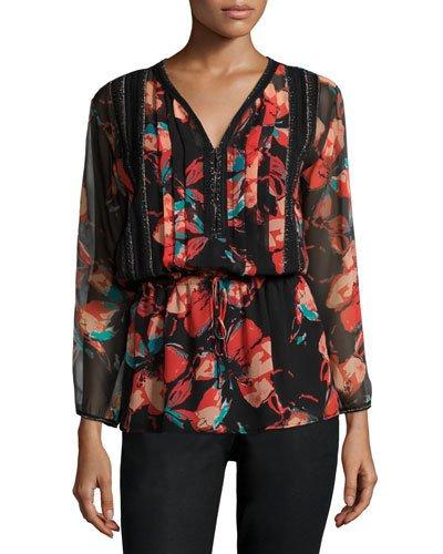Fiore Long-sleeve Floral-print Blouse, Black