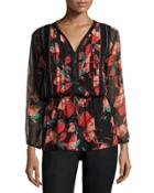 Fiore Long-sleeve Floral-print Blouse, Black