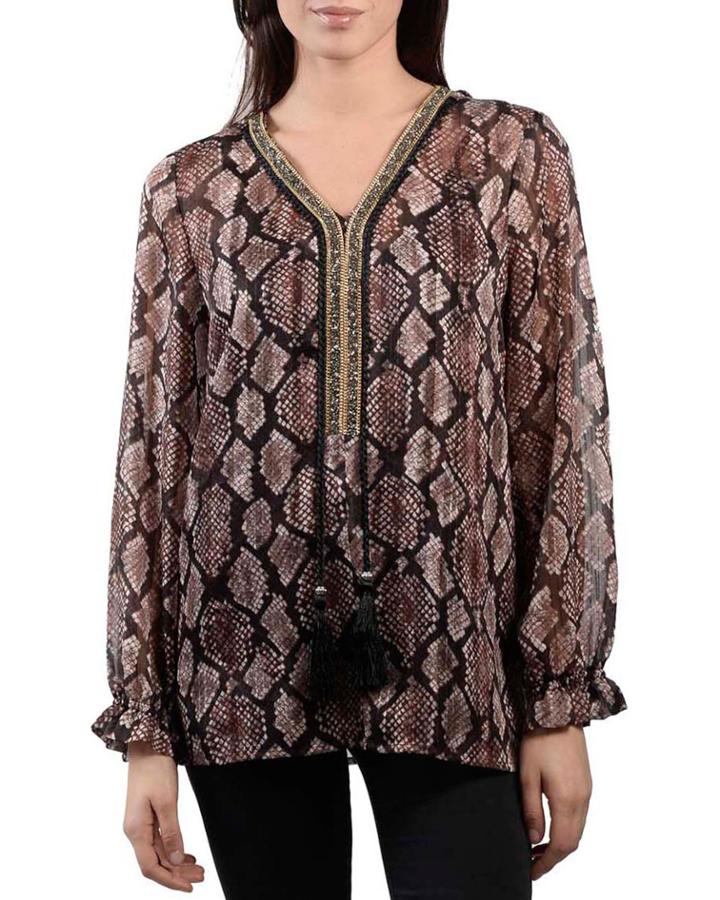 Printed Snakeskin Blouse With Beaded Neckline & Tassels