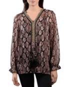 Printed Snakeskin Blouse With Beaded Neckline & Tassels