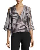 Halston Split-sleeve Wrap Blouse, Black Pattern