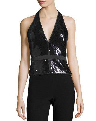 Sequined Halter Top, Black/gunmetal