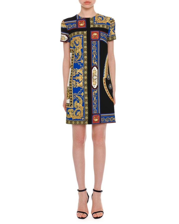 Short-sleeve Crewneck A-line Baroque-print Dress