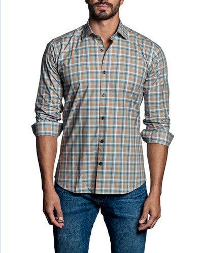 Small-plaid Sport Shirt, Green/orange