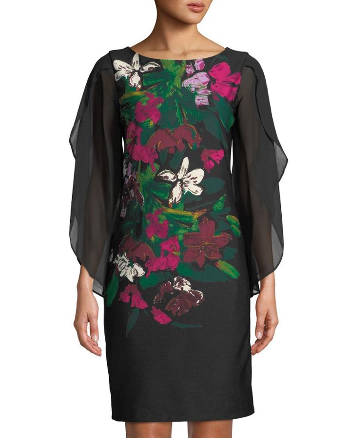 Floral-print Chiffon-sleeve Cocktail Dress
