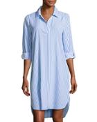3/4-sleeve Striped Shirtdress, Blue/white