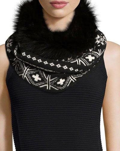 Fair Isle Cashmere Snood W/fur Trim, Black/white