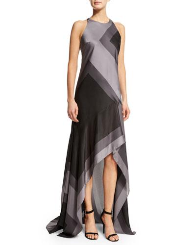 Sleeveless Wide-striped A-line Gown, Asphalt