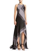 Sleeveless Wide-striped A-line Gown, Asphalt